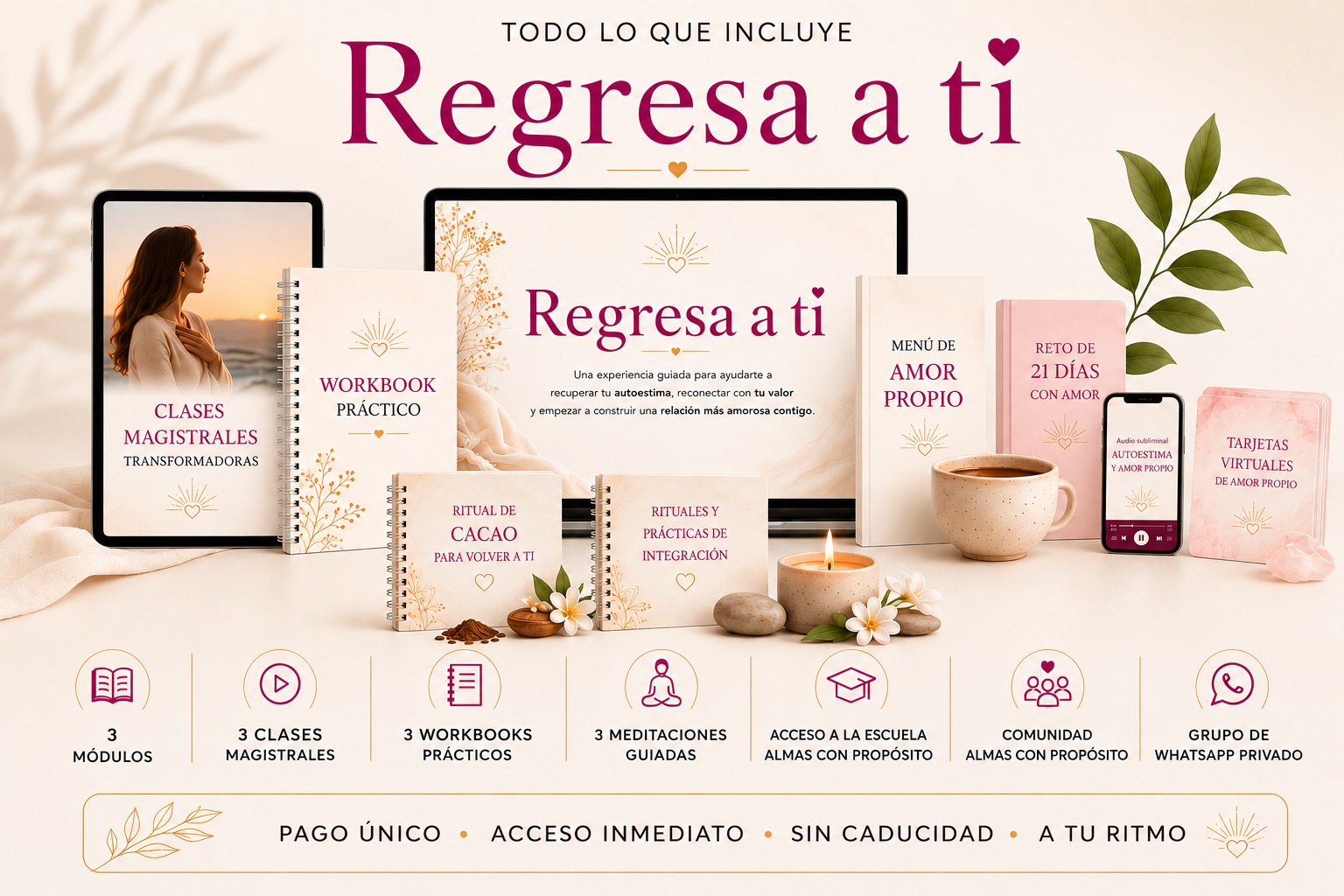 Composición visual de todo el contenido de Regresa a Ti: tablet con clases magistrales, workbook práctico, libro Regresa a Ti, menú de amor propio, reto de 21 días, audio subliminal, tarjetas virtuales, ritual de cacao y rituales de integración